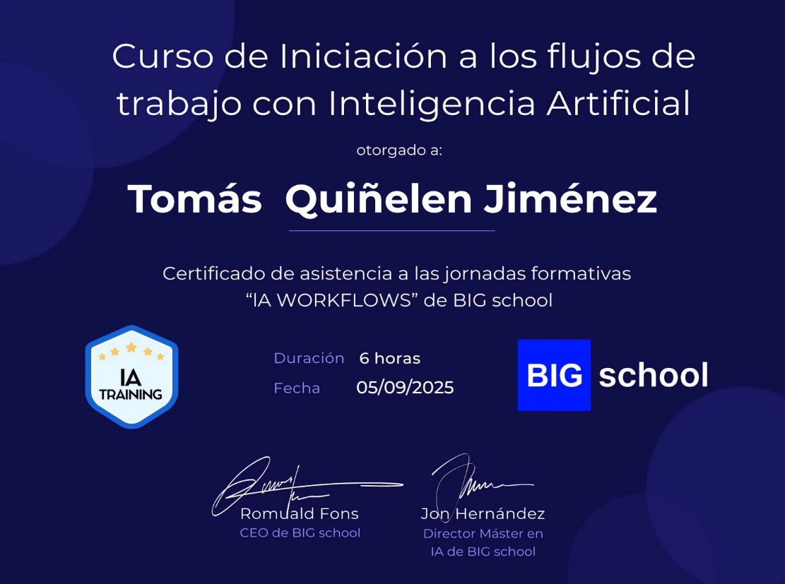 Preview del certificado de asistencia a las jornadas formativas IA Workflows de BIG School.