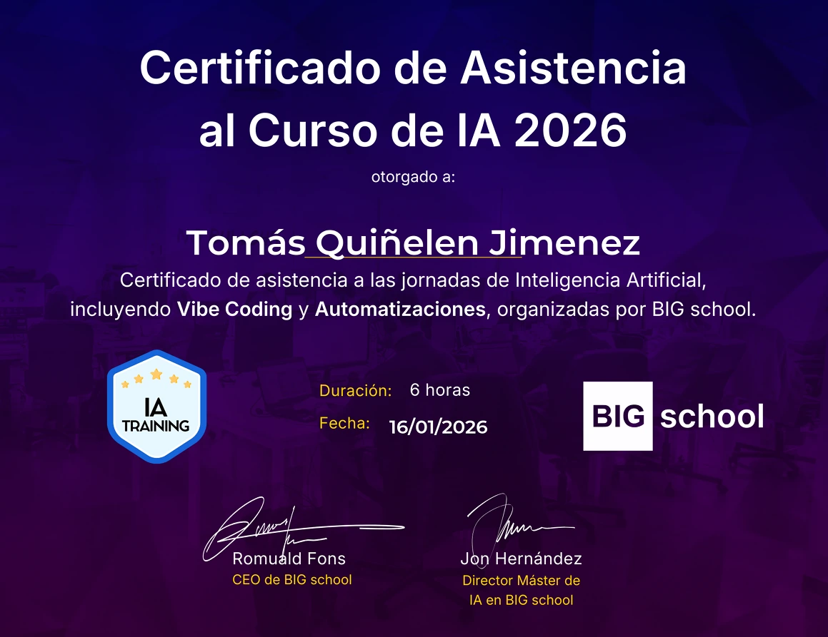 Preview del certificado de asistencia al Curso de IA 2026 de BIG School.