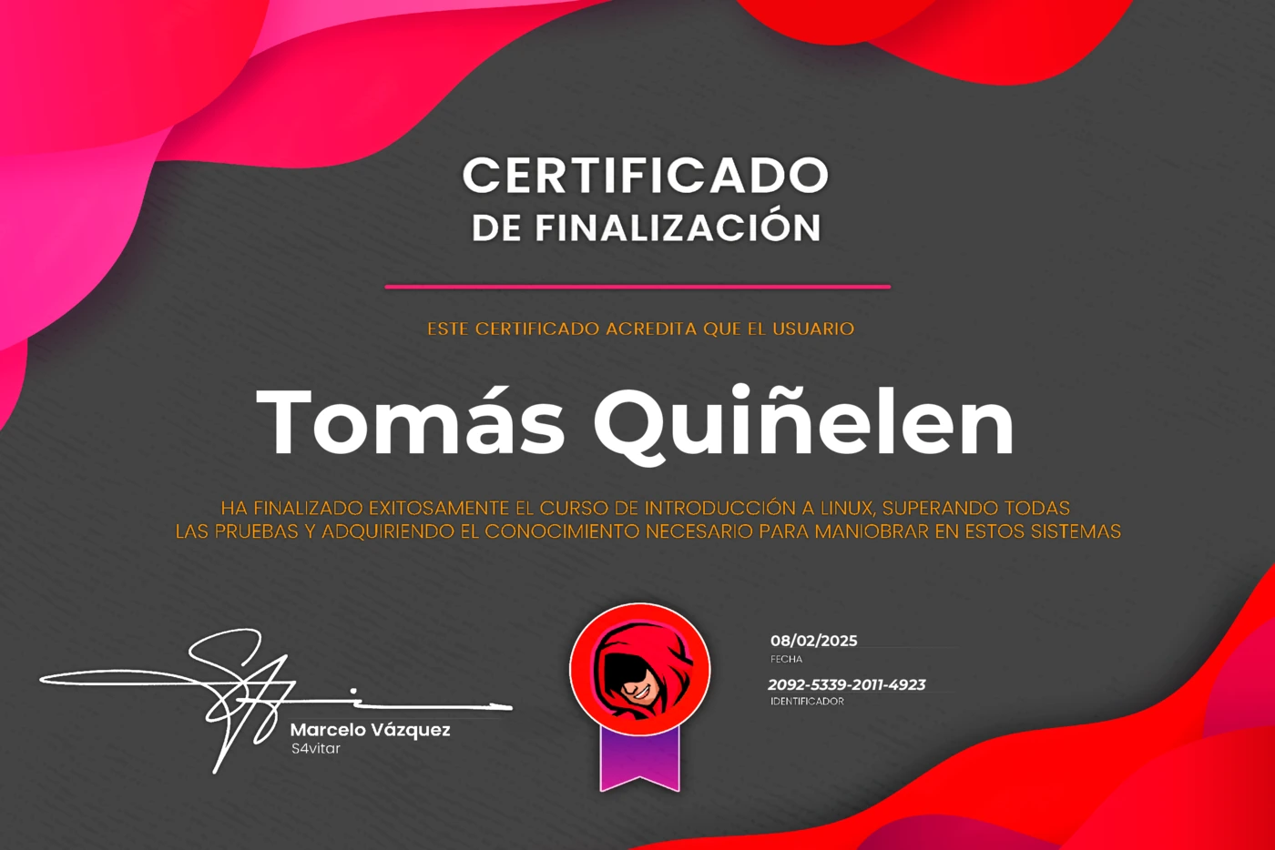 Preview del certificado de finalización del curso de Introducción a Linux de Hack4u.