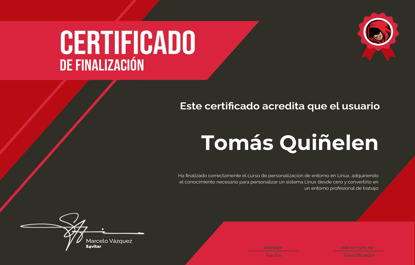 Preview del certificado de finalización de Personalización de Entorno en Linux, emitido en 2024.