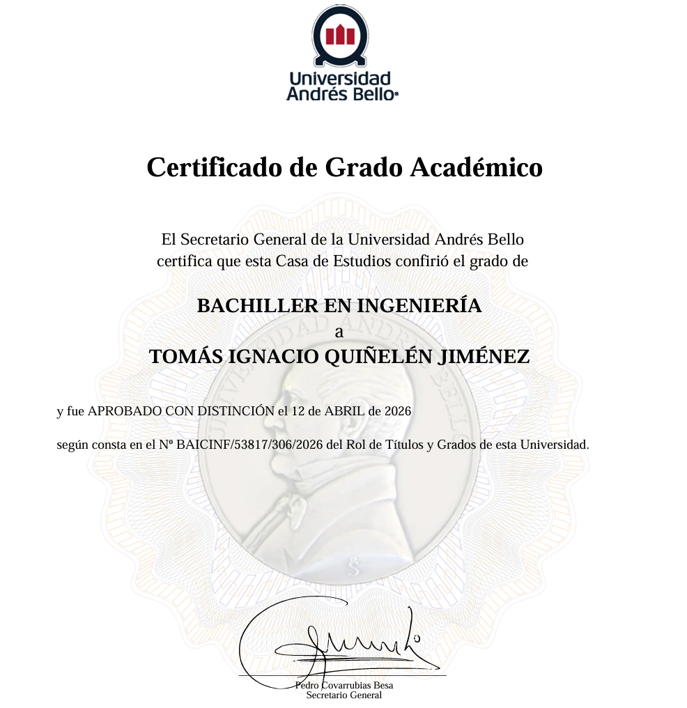 Preview del certificado de grado académico de Bachiller en Ingeniería de la Universidad Andrés Bello.